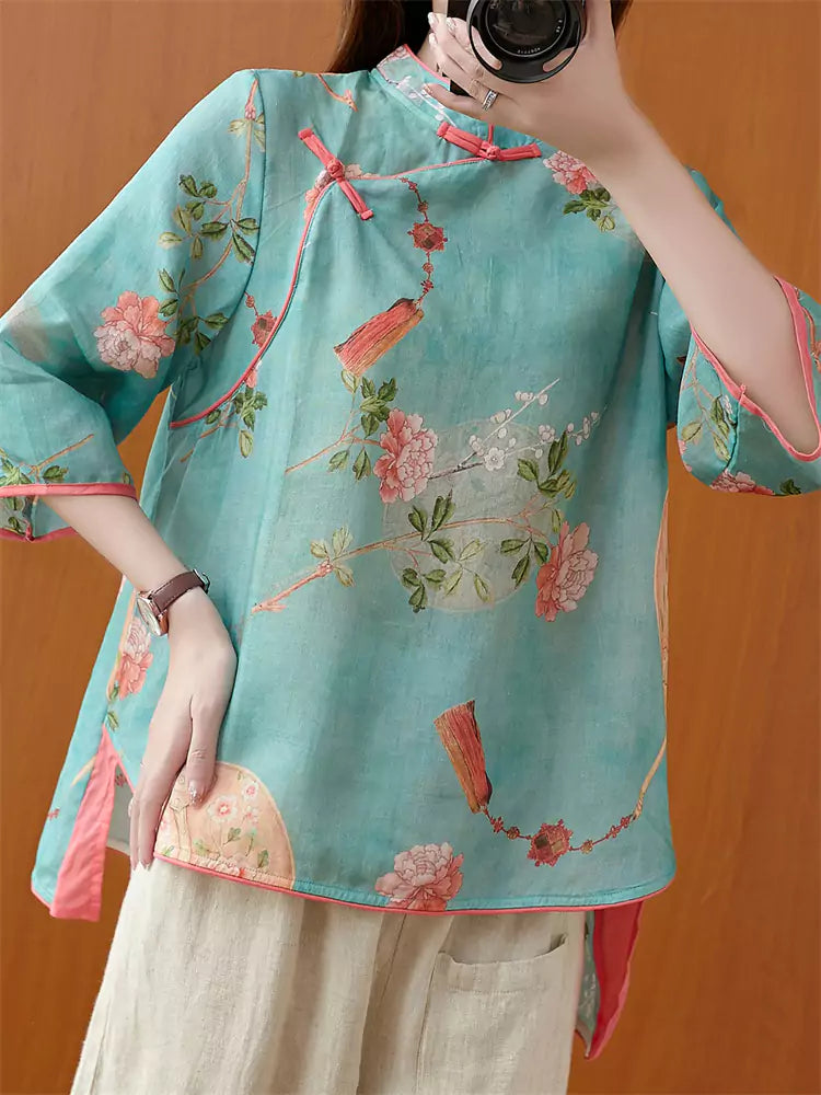 Vintage Plus Size Chinese Style Zen-Inspired Floral Print Ramie Blouse for Women
