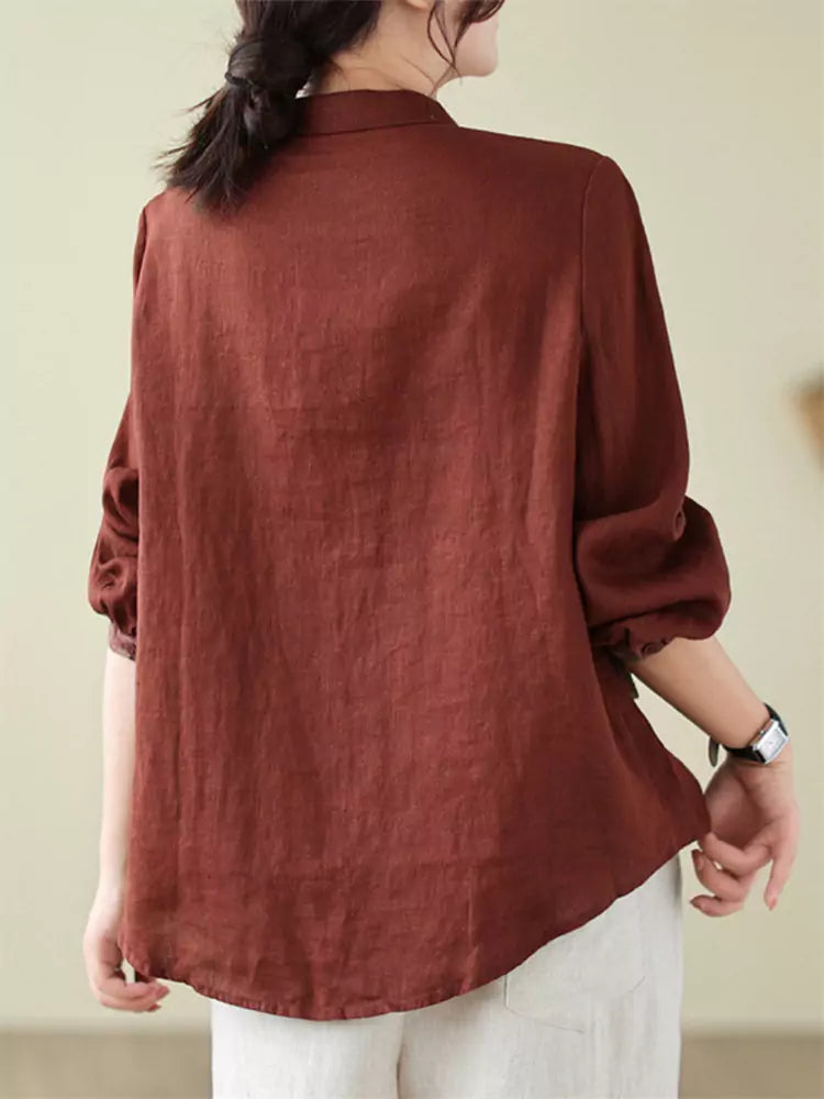 Casual Loose Fit Button Down Cotton Linen Blouse with Printed Patchwork for Women