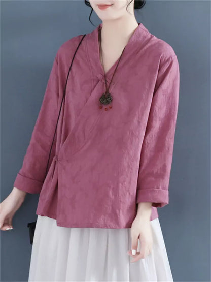 Neue chinesische Baumwoll-Leinen-Bluse im Zen-Stil mit asymmetrischem Knopfverschluss und langen Ärmeln, inspiriert von Zen.
