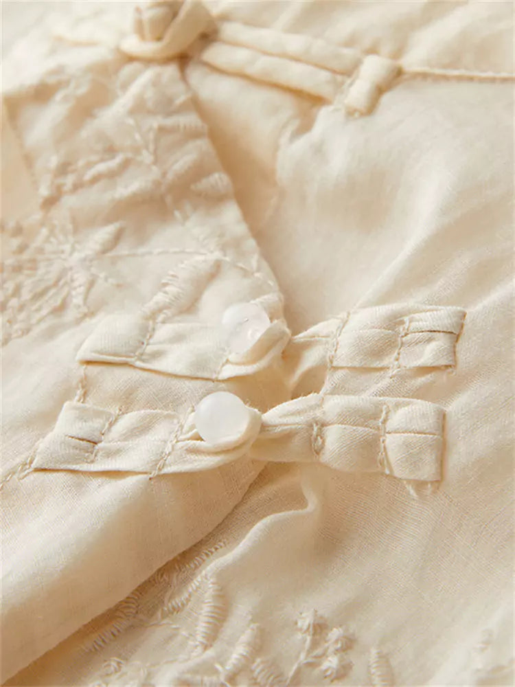 Zen Style Embroidered Cotton Linen Shirt with Knot Buttons (Summer 3/4 Sleeve)