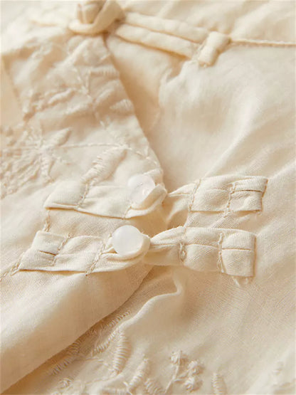 Hemd aus Baumwoll-Leinen-Mischgewebe im Zen-Stil mit Stickerei und Knotenknöpfen (Sommer 3/4-Ärmel)