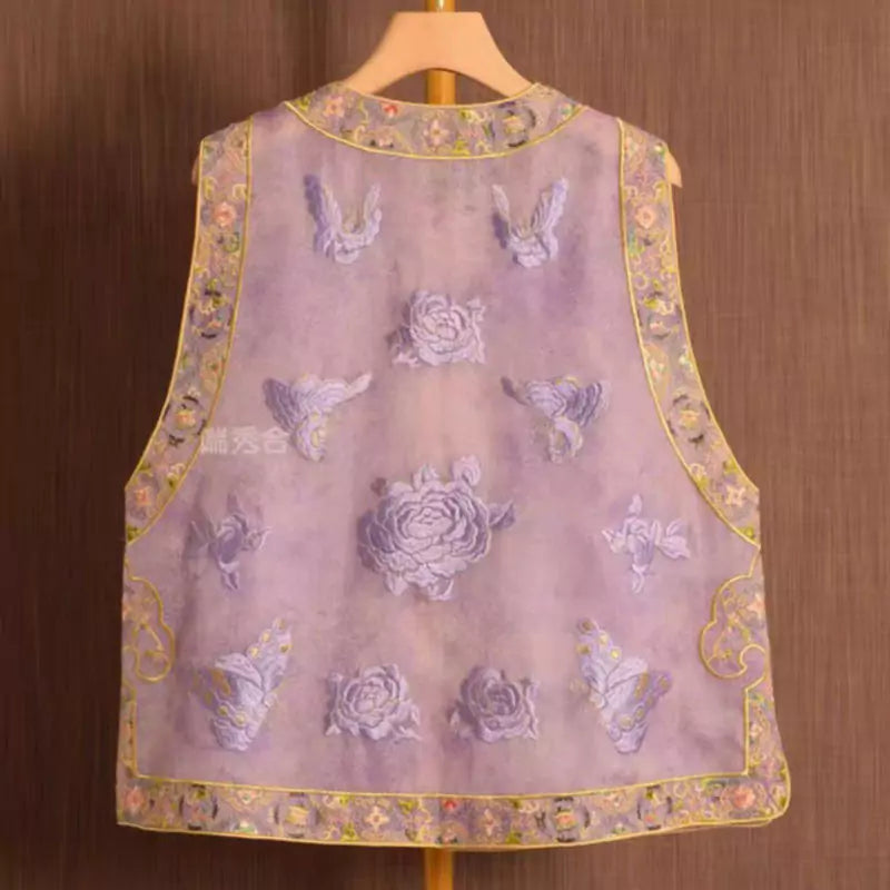 Women's Spring Chinese Style Embroidered Jacquard Vest with Retro Knot Buttons