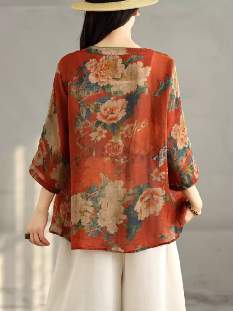 New Chinese Style Printed Oblique Placket Knot Button Linen Blend Blouse V-Neck Half Sleeve