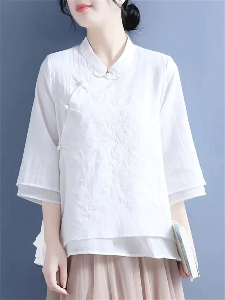 Sommerliche neue Baumwoll-Leinen-Bluse im Zen-Stil mit Stickerei und 3/4-Ärmeln