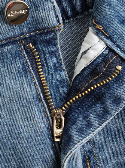 Trendiger bestickter Jeans-Bleistiftrock mit elastischem, hohem Bund und Rückenschlitz