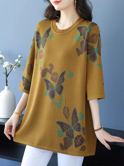Top de punto estampado con cuello redondo y manga corta para mujer, de talla grande y moderno