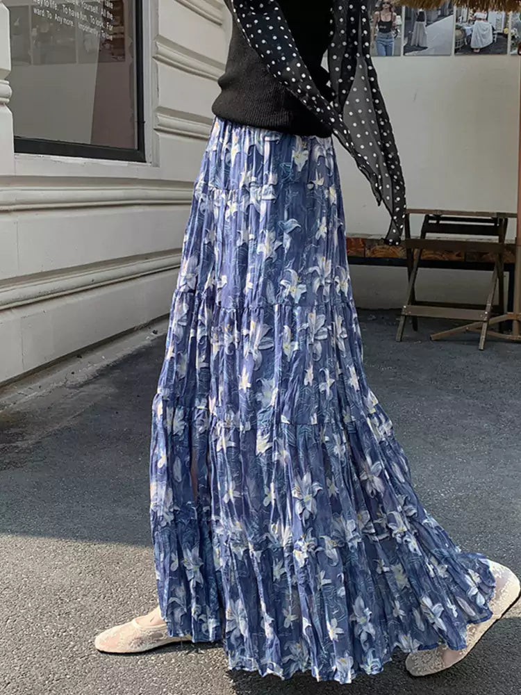 Elegant Pleated Floral Print  A-Line Skirt with Flowing Drape