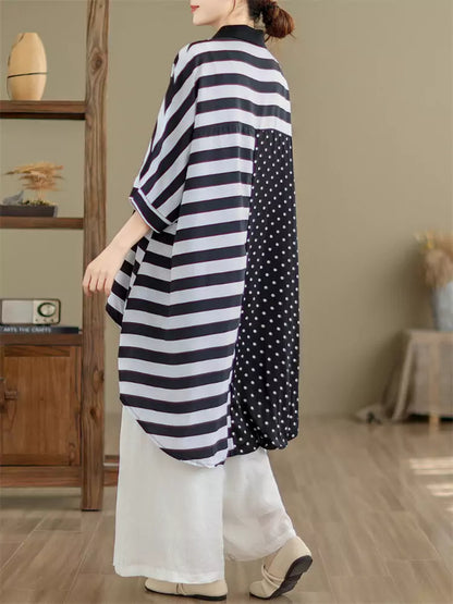 Sommerliches Patchwork-Hemd mit Polka-Dots und Streifen für Damen, Kurzarm, asymmetrischer Saum
