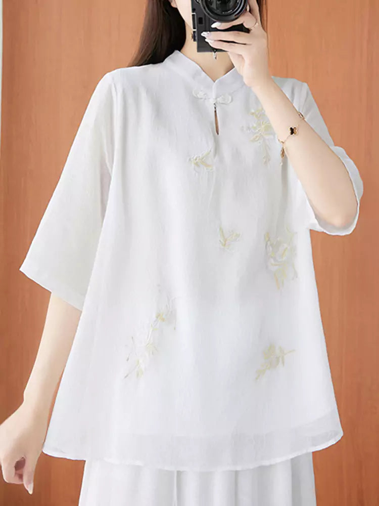 Embroidered Mandarin Collar Casual Tang-Inspired Blouse for Women