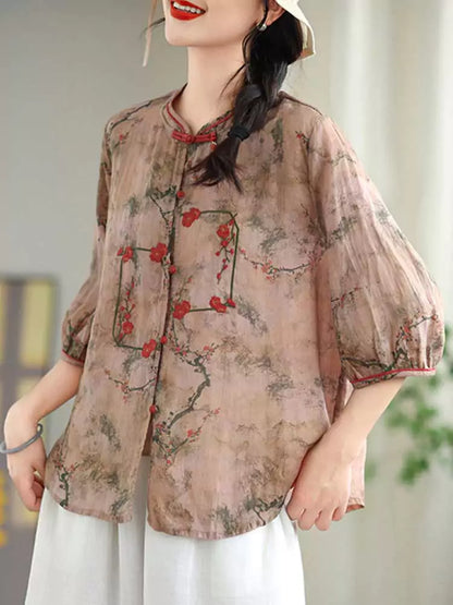 Leichte, locker sitzende Fünf-Ärmel-Bluse aus Ramie im chinesischen Stil für Damen