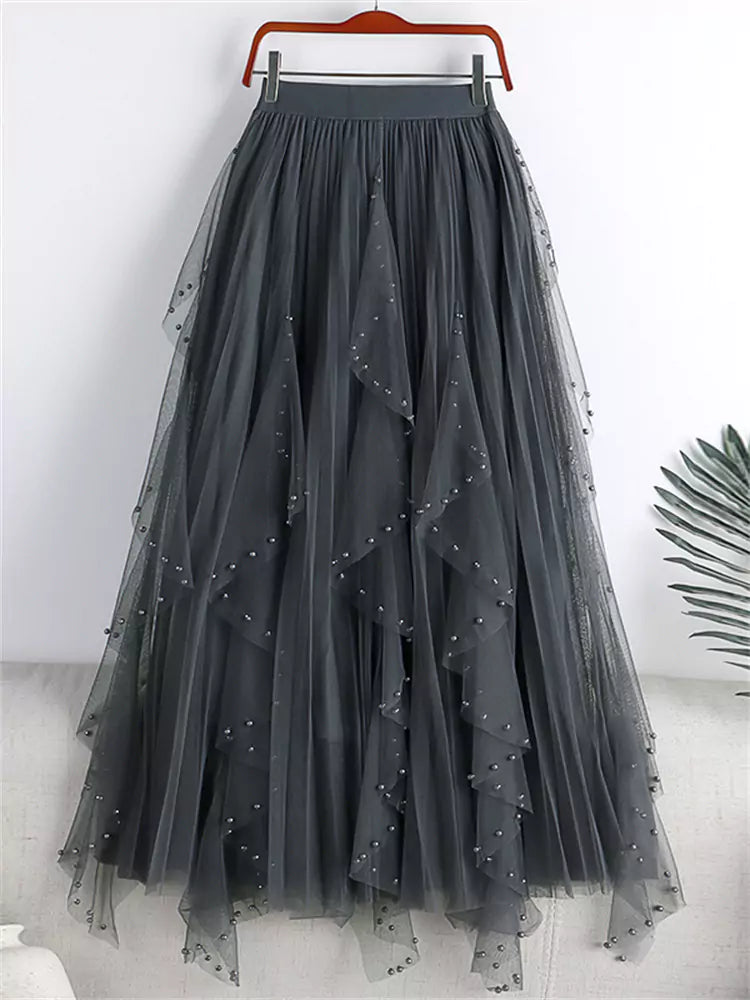 High Waist A-Line Pleated Plus Size Tulle Skirt with Pearl Embellishments