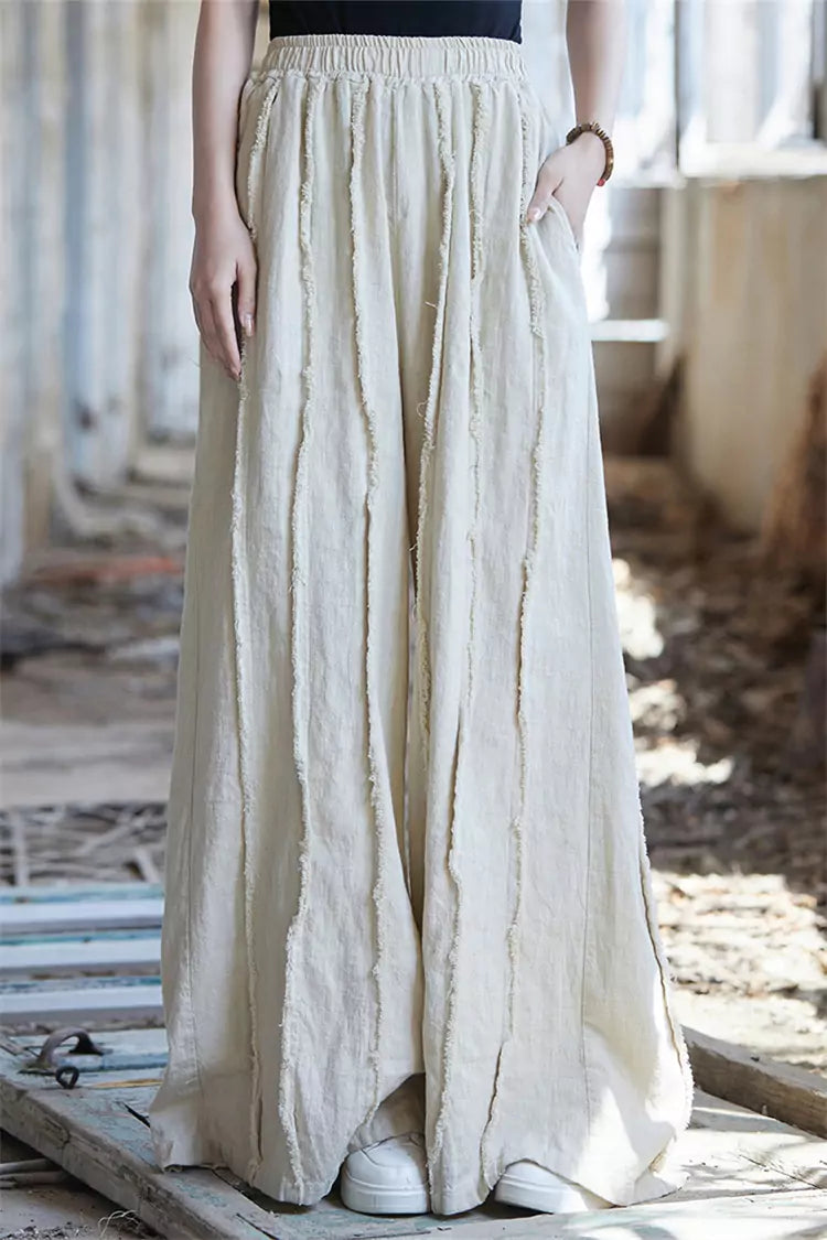 Vintage-Hose aus gewaschenem Ramie mit weitem Bein für Damen