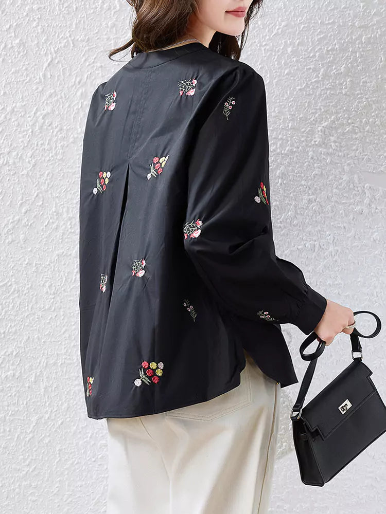 Trendy Embroidered Stand Collar Long Sleeve Blouse for Women with Frog Buttons