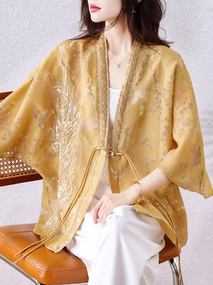 Chinese Style Batwing Sleeve Beaded Jacket for Women