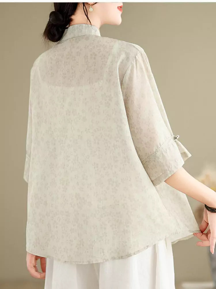 New Chinese Style Embroidered Stand Collar Lightweight Ramie Blouse for Women