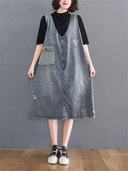 Vintage Loose Fit V-Neck Patchwork Washed Denim Vest Dress for Women