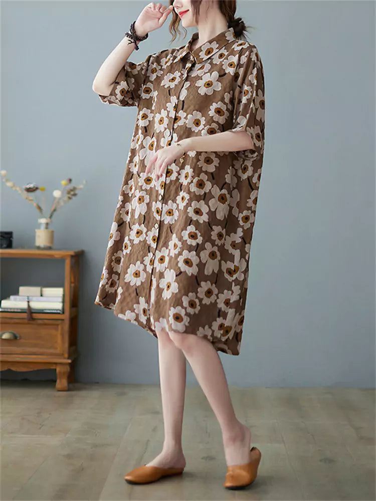 Summer Loose Fit Vintage Floral Short Sleeve Cotton Linen Shirt Dress