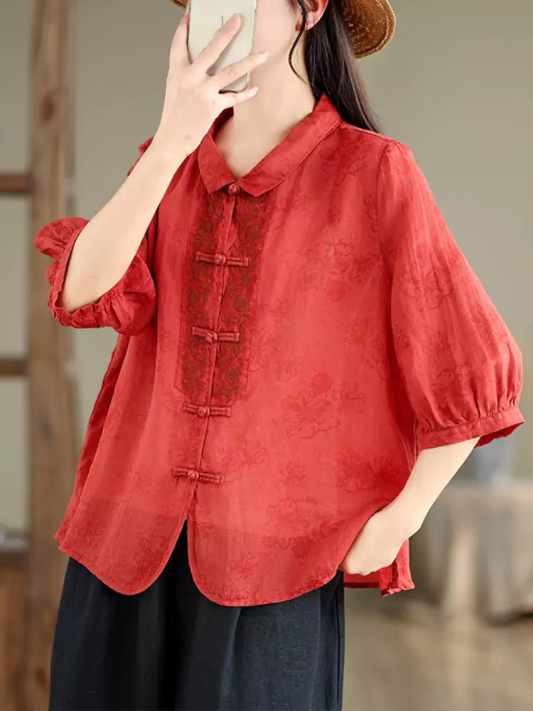 New Chinese Style Embroidered Ramie Blouse for Women Frog Button with Stylish Half Sleeves