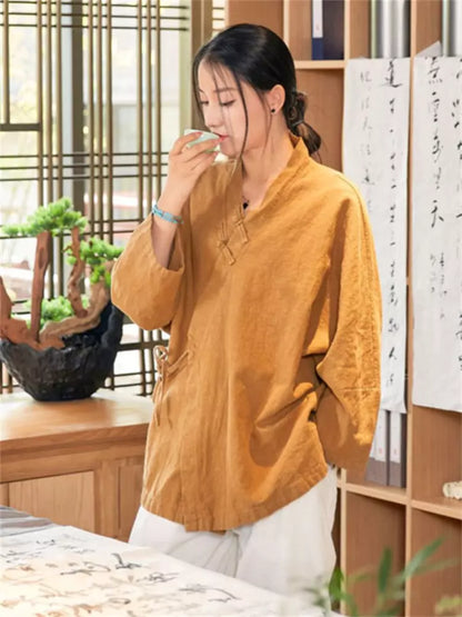 Vintage-Bluse aus gewaschenem Leinen-Baumwoll-Mischgewebe im chinesischen Stil mit Stehkragen für Damen