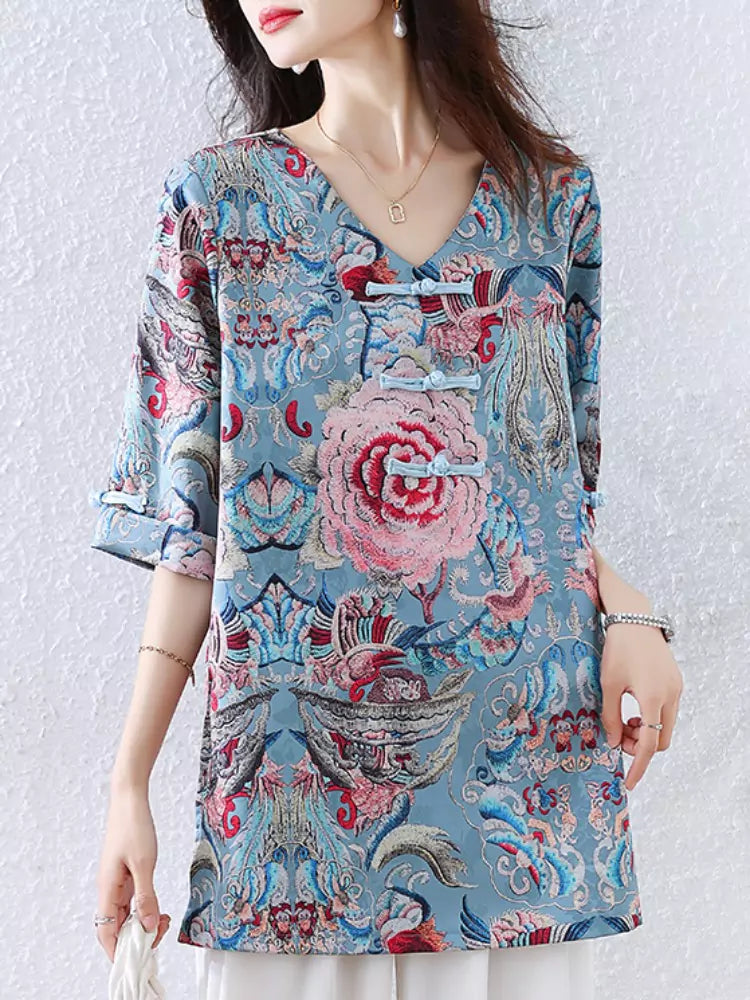 Oriental Elegant Half Sleeve Floral Printed Blouse for Women with Frog Buttons