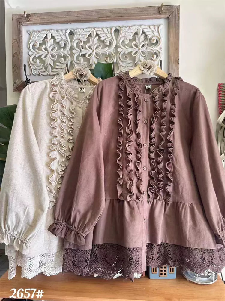 Blusa de lino y algodón con volantes estilo japonés para mujer, manga larga