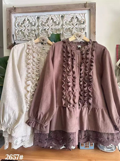 Japanische Bluse aus Baumwoll-Leinen mit süßen Rüschen für Damen, langärmelig