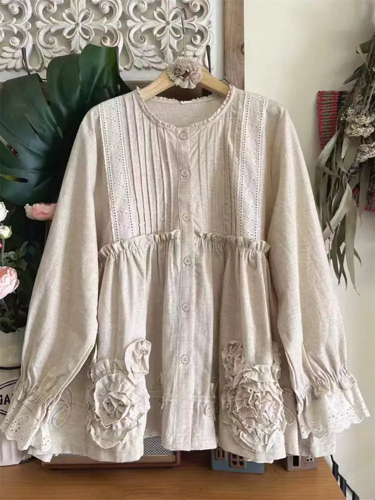 Women's Cotton Accordion Pleated Long Sleeve Heavy Embroidered Babydoll Blouse