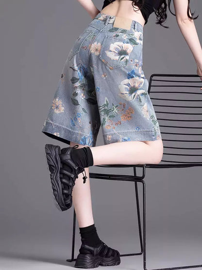 Bermudas ligeras de verano con cintura alta y pierna ancha estampadas para mujer