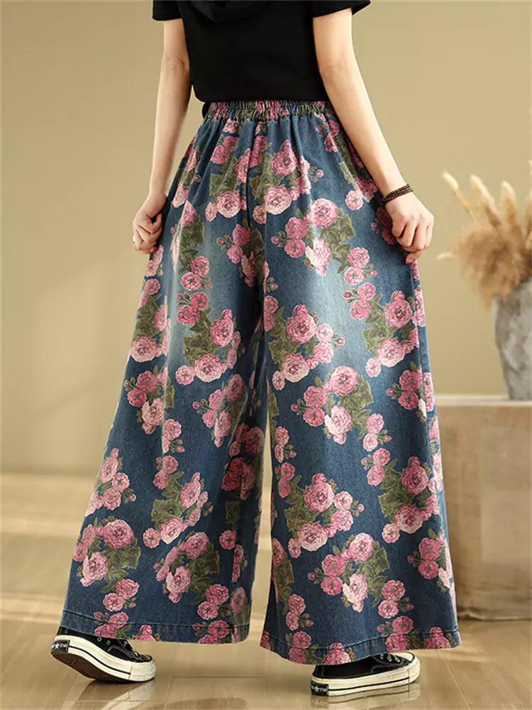 Plus Size Vintage Floral Printed Denim Wide Leg Pants for Women