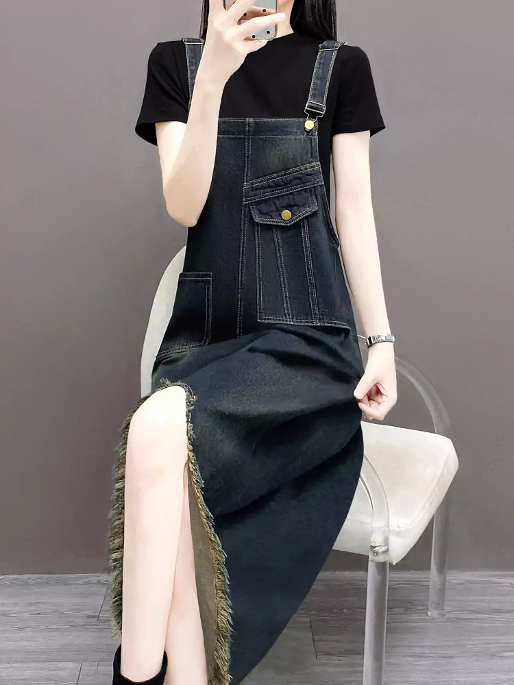 Front Slit Loose Fit Denim Overall Dress for Women with Raw Hem Trendy Style