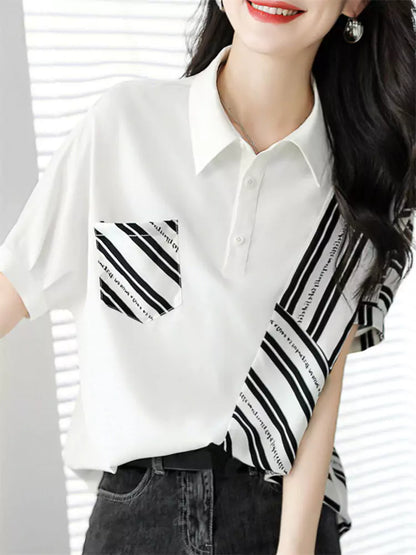 Trendiges, gestreiftes Kurzarm-Poloshirt mit Kragen für Damen