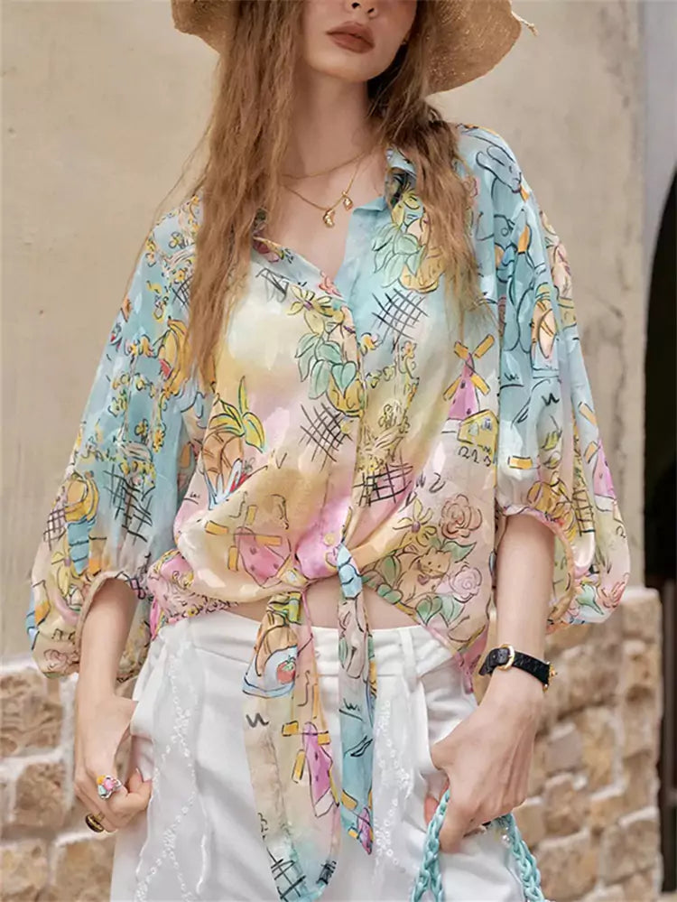 All-Over Print Tie-Up Long Sleeve Vacation Style Beach Blouse for Women
