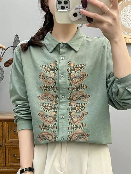 Camisa de manga larga de algodón cepillado con bordado intenso para mujer