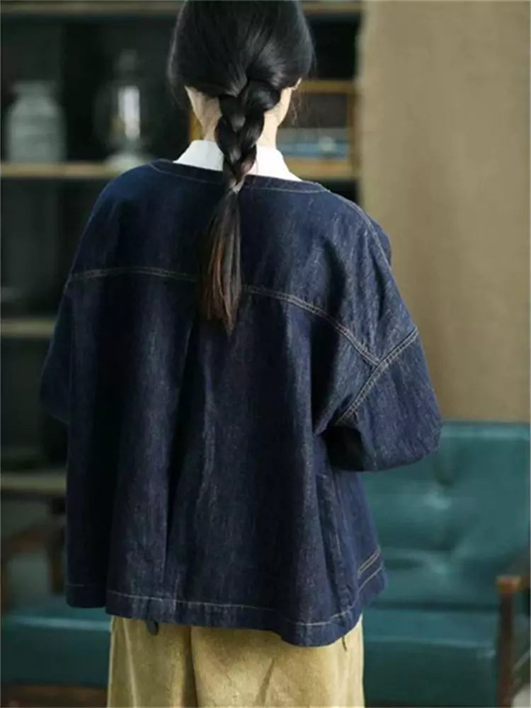 Vintage Artistic Washed Round Neck Cotton Denim Jacket for Women