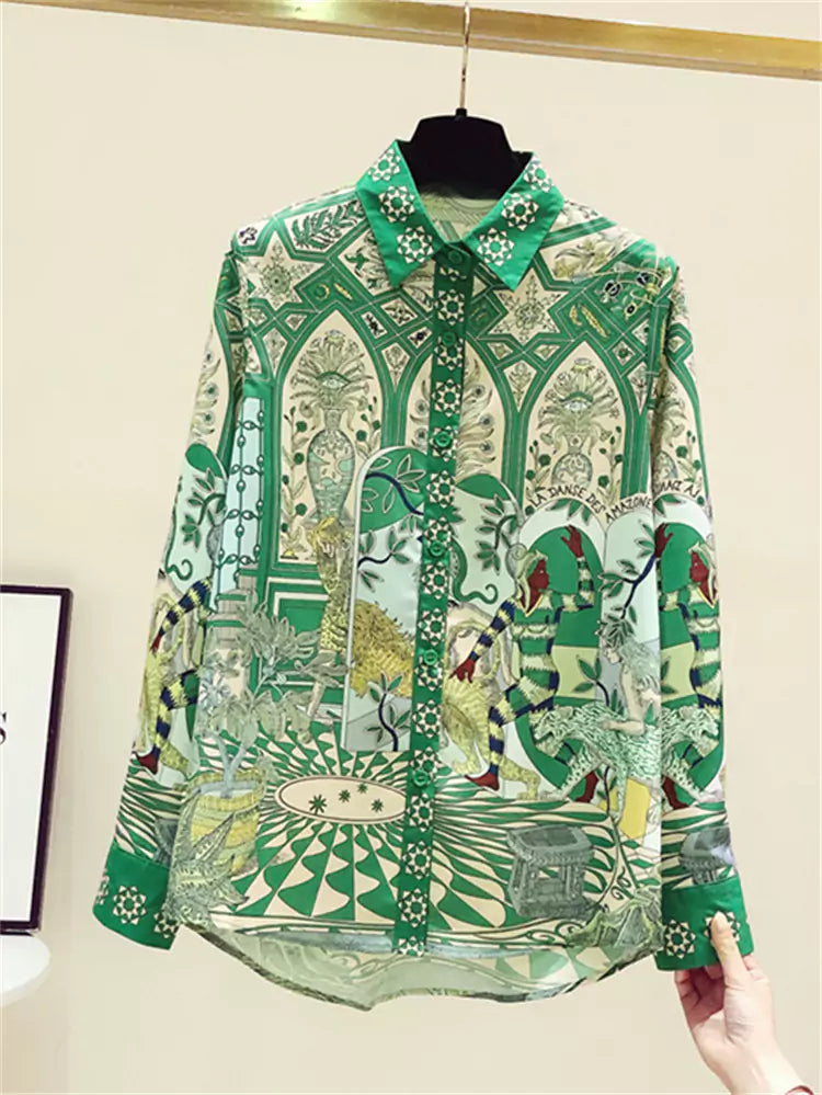 High-End Chiffon Blouse with Retro Print