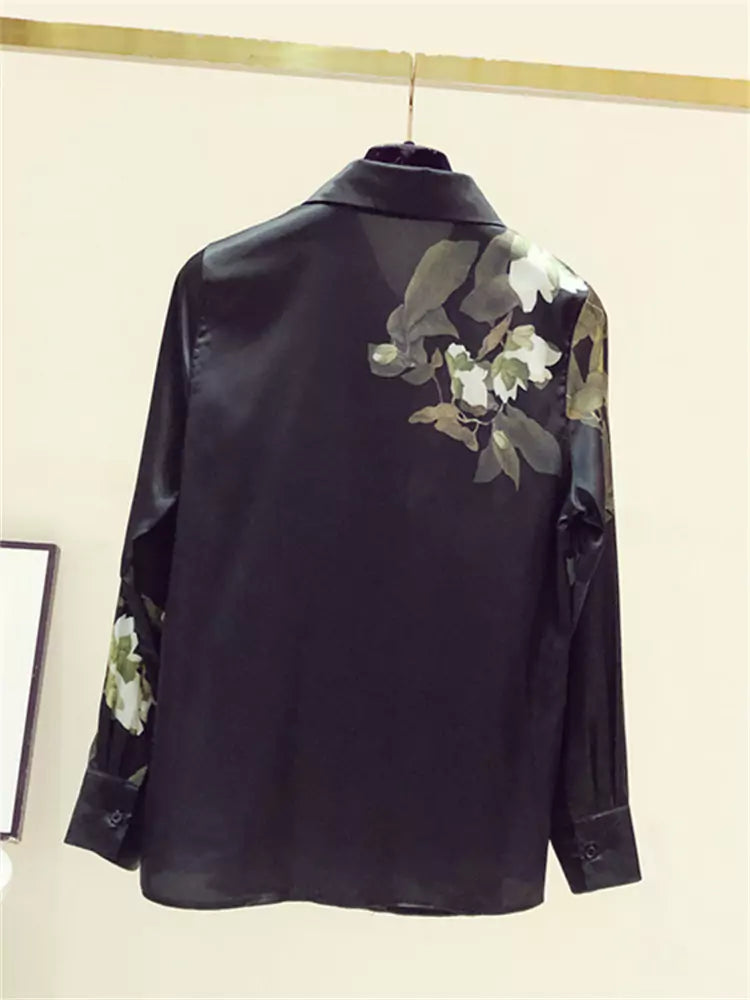 Vintage Black Floral Print Silk Blouse for Women Long Sleeve