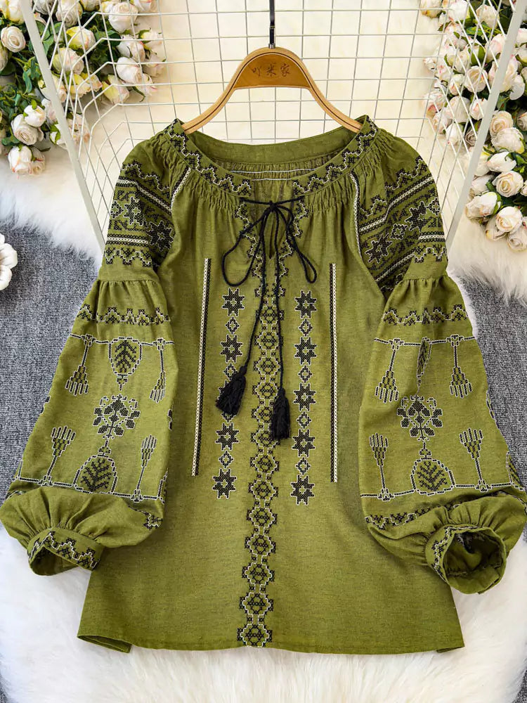 Blusa holgada con mangas farol y bordado estilo étnico para mujer