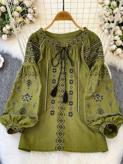 Ethno-Stil, bestickte, locker sitzende Bluse mit Laternenärmeln und Bindebändern für Damen