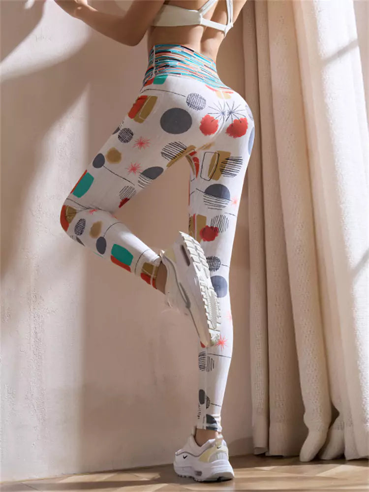 Pantalones de yoga de cintura alta, de secado rápido y sin costuras con estampado de rayas coloridas para mujer
