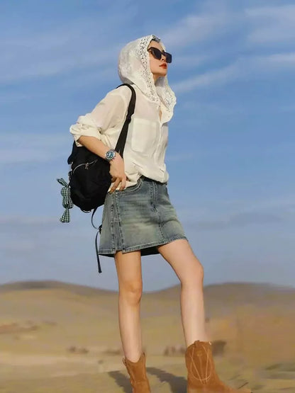 Camisa de sol con capucha de crochet hueco estilo francés para mujer