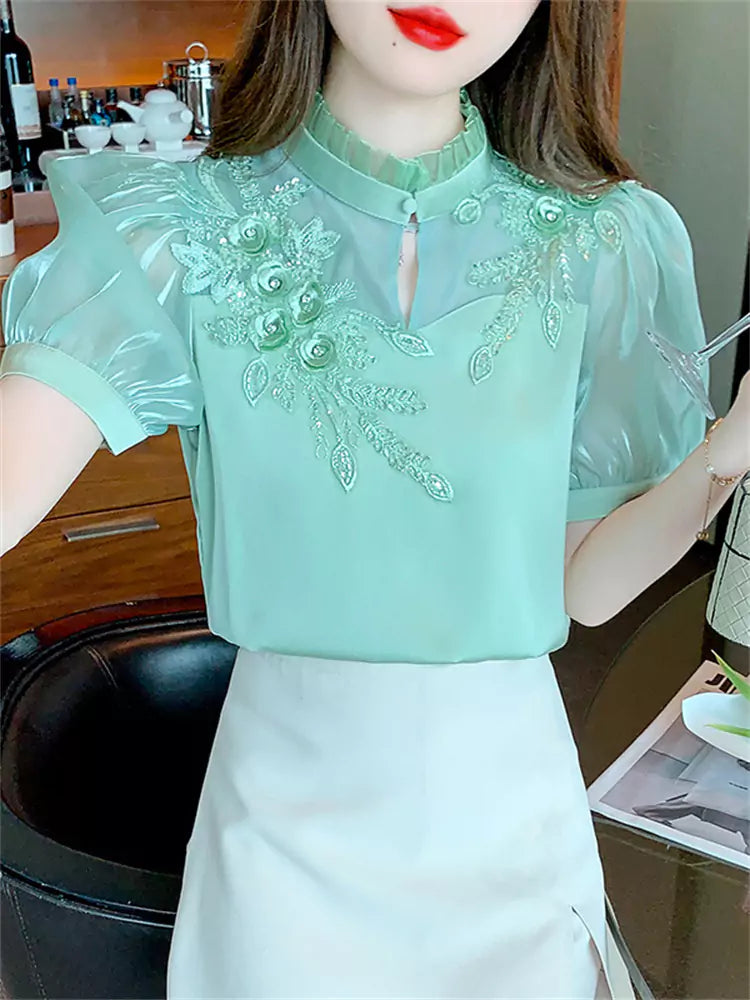 Summer Puff Sleeve 3D Flower Chiffon Blouse for Women