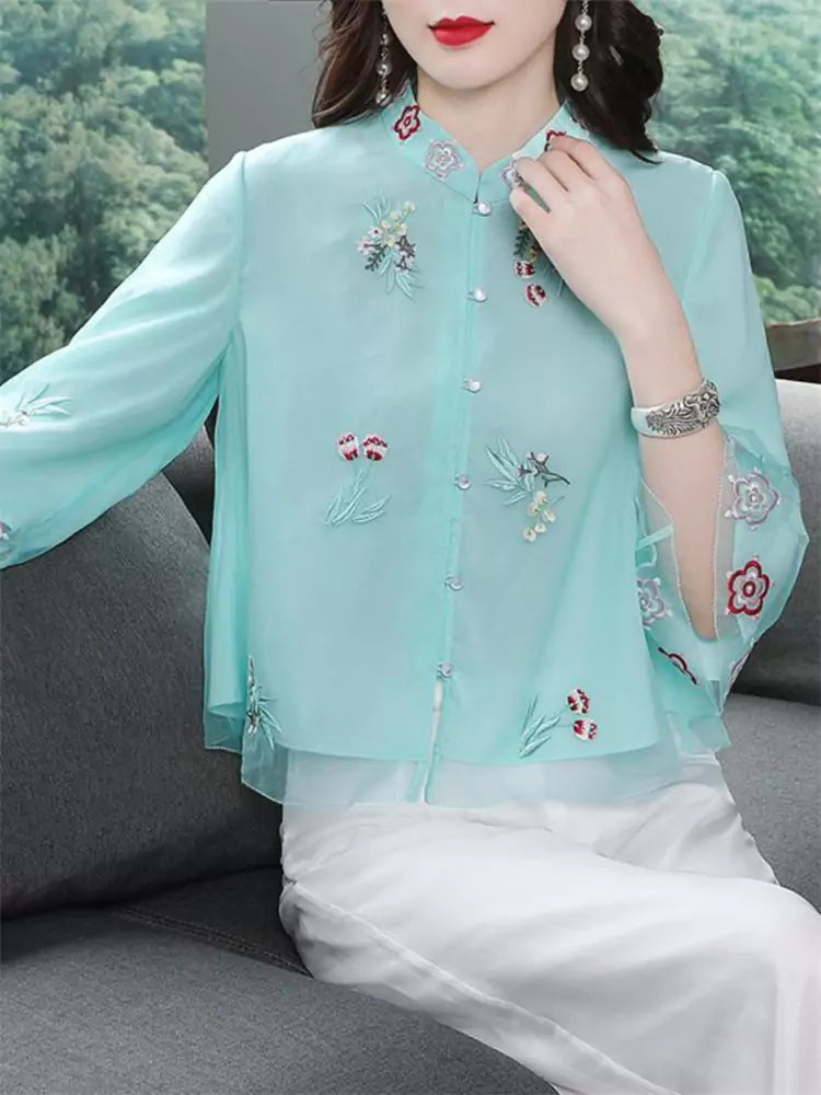 Vintage Embroidery Mandarin Collar Button Up Blouse for Women