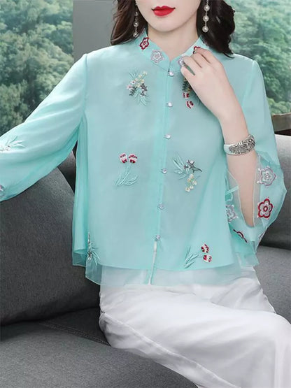 Vintage-Bluse mit Stickerei, Stehkragen und Knopfleiste für Damen