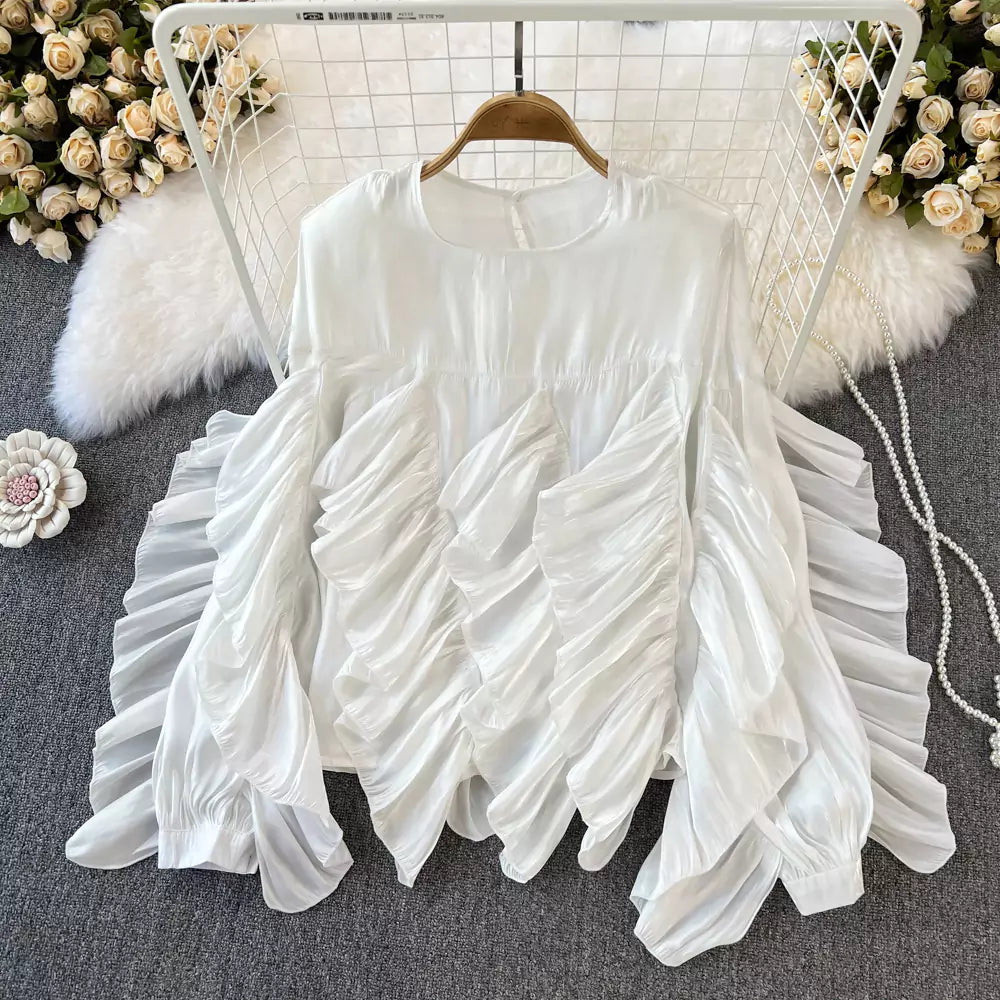 Stylish Elegant Ruffle Trim Round Neck Loose Long Sleeve Blouse for Women