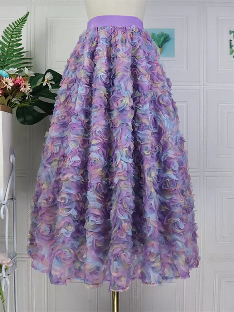 Elegant Fairy-Style Long Tulle Skirt with 3D Floral Details