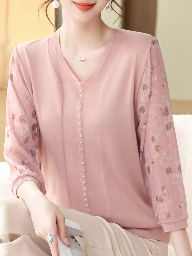 Trendy V-Neck Knit Top with Sheer Mesh Sleeves for Women