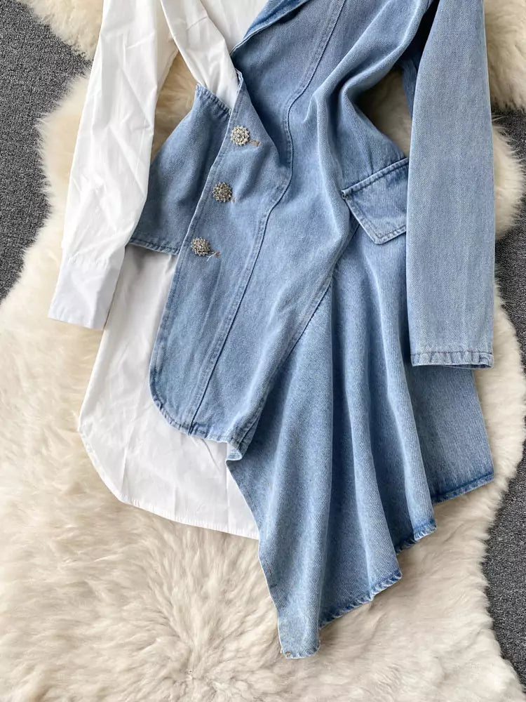 Vestido camisero de mezclilla con patchwork y manga larga asimétrico para mujer