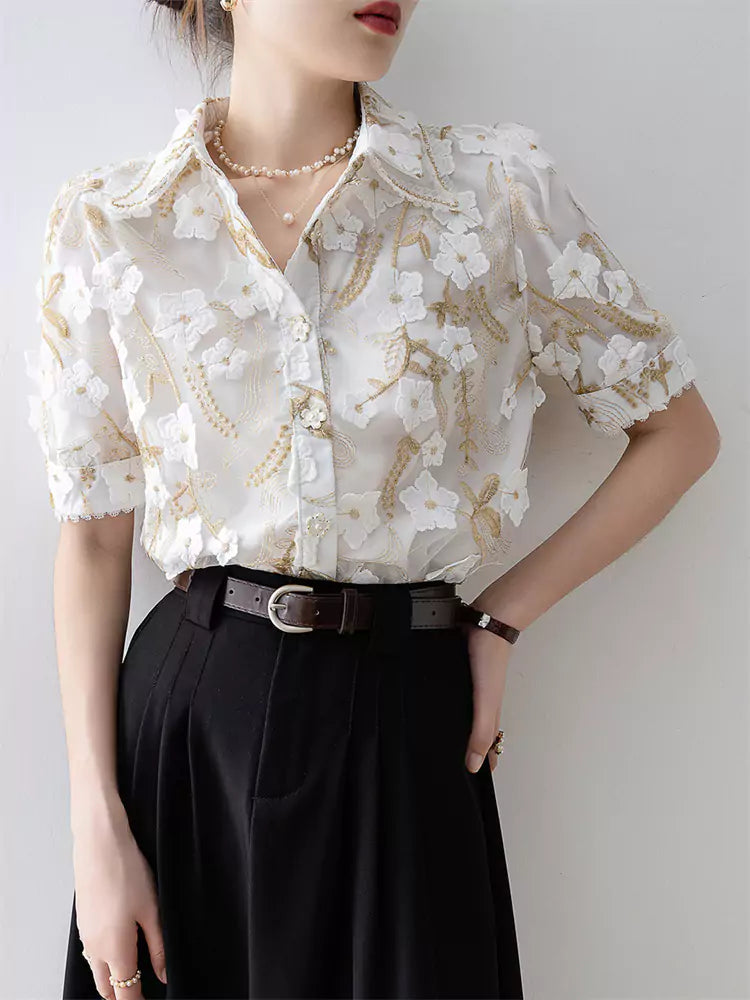 Women's Summer Elegant Floral Embroidered Blouse Short Sleeve