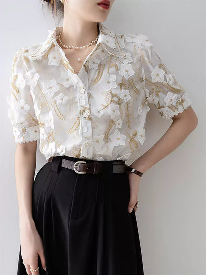 Elegante Damenbluse mit Blumenstickerei, kurzärmelig, Sommer