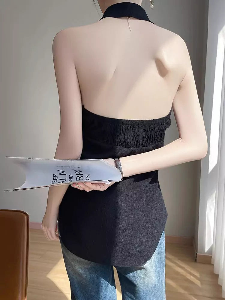 French Style Black Halter Neck Sleeveless Tank Top for Women